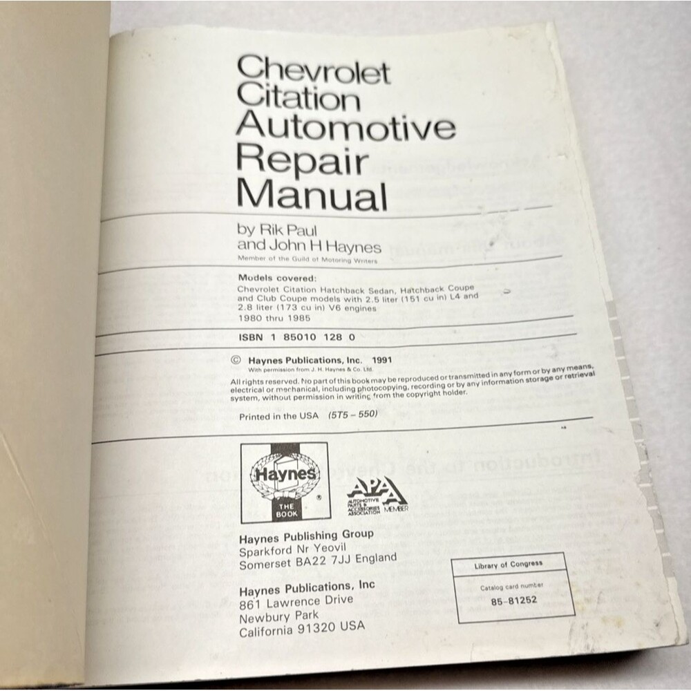 Haynes Chevrolet Citation Repair Manual 550 1980-1985 All Models 2.5L 2.8L - Picture 2 of 7